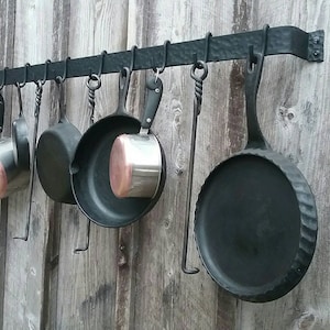 Large Hand Forged Wall Mounted Pot Rack with Hammered Finish