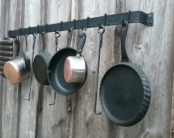 Large Hand Forged Wall Mounted Pot Rack with Hammered Finish