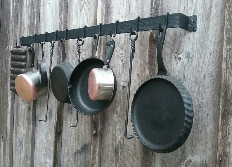 Large Hand Forged Wall Mounted Pot Rack With Hammered Finish