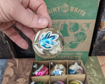 12 Vintage Shiny Bright Mercury Glass Christmas Ornaments Bulbs in Original Box Assorted Colors Merry Christmas