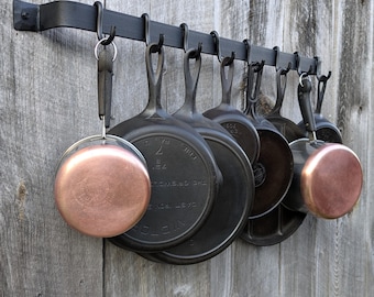 Hand Forged 36" Smooth Finish Pot Rack with Movable Hooks- Sturdy Enough for Cast Iron Display