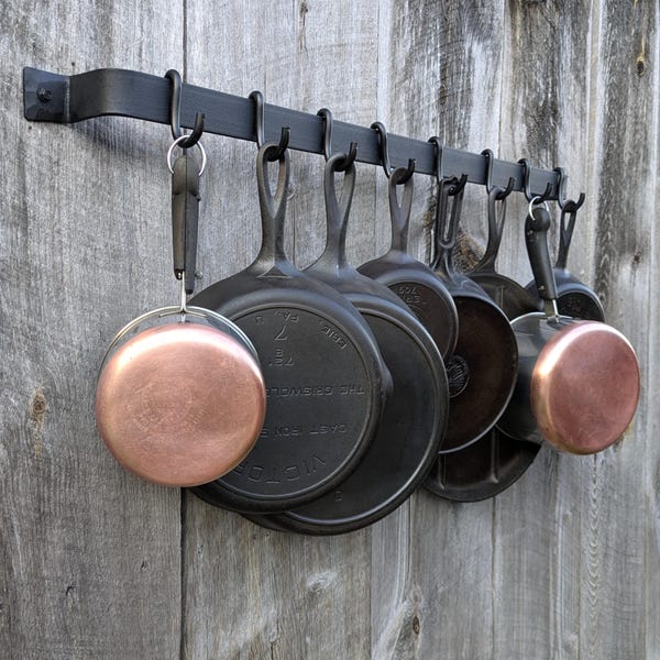 Hand Forged 36" Smooth Finish Pot Rack with Movable Hooks- Sturdy Enough for Cast Iron Display