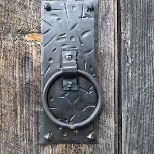 May include: A black metal door knocker with a ring handle. The knocker is mounted on a wooden door and has a decorative design of leaves and lines.