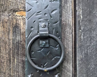 Hand Forged Braised Ring Handle on Distressed 10" x 4" Backplate.  Heavy Duty Blacksmith Made Hardware!