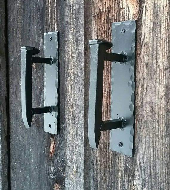 Pair Of Rustic Rail Spike Barn Gate Cabinet Handles hand made unique 