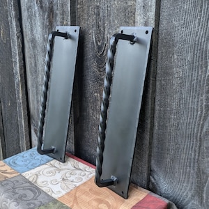 Set of 2 Large Twisted Hand Forged Blacksmith Made Door Pulls on Sturdy 16&quot; x 4&quot; Backplates