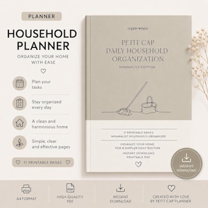 Peut inclure: Un planificateur ménager beige avec une illustration au trait d'une serpillière et d'un seau sur la couverture. Le texte indique : PLANNER, HOUSEHOLD PLANNER, ORGANIZE YOUR HOME WITH EASE, PETIT CAP DAILY HOUSEHOLD ORGANIZATION, MINIMALIST EDITION, 11 PRINTABLE PAGES.