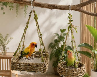 Handwoven Seagrass Bird Swing Nest, Natural Hanging Perch, Boho Parrot Playground Cage Decor