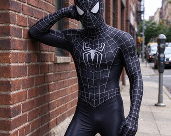 Schwarzes Halloween-Spiderman-Kostüm für Erwachsene, Symbiote-Spiderman-Cosplay-Anzug, Superhelden-Body mit Vollmaske, Comic-Con-Zentai-Overall