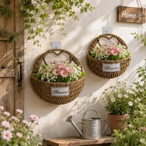 May include: Two semi-circular woven hanging baskets with heart-shaped handles, each featuring a white fabric label with the word "Flowers" printed in black script. The baskets are filled with pink daisies and white baby's breath flowers.