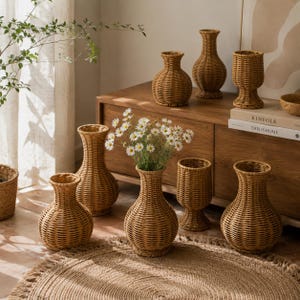 May include: A collection of light brown woven rattan vases in various shapes and sizes, including bulbous and pedestal styles. One central vase holds a bouquet of white daisies with yellow centers, while others are displayed empty.