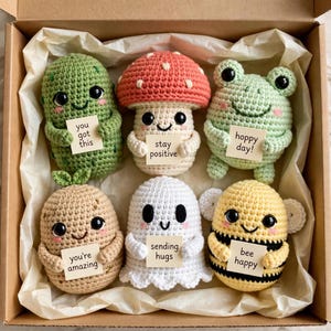 Puede incluir: Un conjunto de seis figuras de ganchillo en una caja de cartón, que incluye un pepinillo verde, un hongo rojo, una rana verde claro, una patata beige, un fantasma blanco y una abeja amarilla, cada uno sosteniendo un pequeño cartel con mensajes.