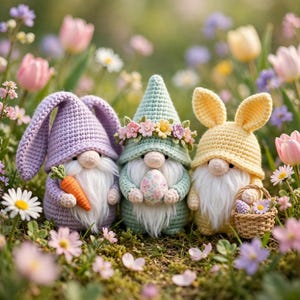 May include: Three crocheted gnomes in a garden. The left gnome is lavender with long ears and a carrot. The center gnome is mint green with a floral crown and a patterned egg. The right gnome is yellow with bunny ears and a small woven basket.