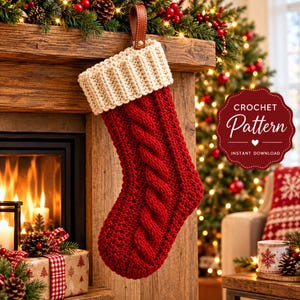 May include: A red crochet Christmas stocking with a thick cream-colored ribbed cuff and a brown leather hanging loop. The stocking features a prominent vertical cable knit pattern running down the center. A maroon sign reads CROCHET Pattern.