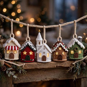 Könnte beinhalten: Eine Girlande aus fünf gehäkelten Ornamenten in Form kleiner Gebäude, darunter ein cremefarbenes Haus mit roten Streifen, ein rotes Haus, eine weiße Kirche mit Turm, ein braunes Lebkuchenhaus und ein grünes Haus, alle mit warmem Innenlicht.