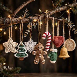 May include: A collection of nine crocheted Christmas ornaments hanging from a tree branch, including a white star, green tree, white snowflake, brown gingerbread person, red and white candy cane, red heart, green mitten, yellow bell, and a beige circle.