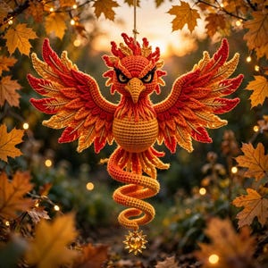 Può includere: Un ornamento a forma di fenice realizzato all'uncinetto con filati dai colori vivaci arancione, rosso e giallo. L'uccello mitologico presenta ali spiegate, un corpo rotondo e una coda a spirale che termina con un piccolo cristallo dorato a stella.