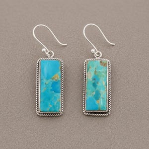 Kingman Turquoise Rectangle Drop Earrings, Sterling Silver Southwestern Boho Jewelry