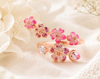 Sterling Silver Enamel Peach Blossom Ring, Adjustable Floral Crystal Jewelry