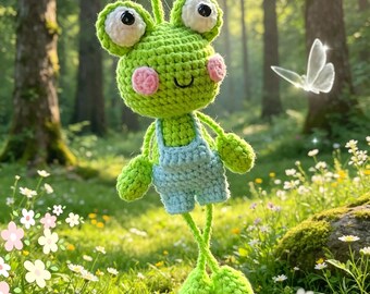 Handmade Crochet Frog Car Charm, Cute Overalls Frog Rearview Mirror Hanger, Kawaii Knit Bag Pendant, Cottagecore Cartoon Ornament