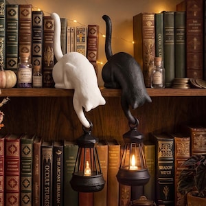 Könnte beinhalten: Zwei katzenförmige Figuren, eine weiße und eine schwarze, sitzen auf einem Regal. Jede Katze hat einen langen, nach unten gebogenen Schwanz, der eine kleine, schwarze käfigartige Laterne mit einem leuchtenden Licht im Inneren hält. Die Katzen stehen vor Büchern.