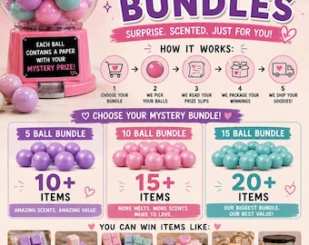 May include: A pink gumball machine filled with pastel spheres, featuring text about mystery wax melt bundles. The graphic outlines a five, ten, and fifteen ball bundle process, showing various wax melt shapes, car diffusers, and candles as prizes.