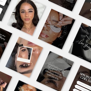Op de afbeelding: Een verzameling social media templates voor een wimperstudio met diverse lay-outs in donkerbruine en witte kleurenschema's. De ontwerpen bevatten tekstoverlays zoals Appointment Checklist, Lash Myths en Love Yourself, naast afbeeldingen van wimperextensions, close-up oogopnames en professionele branding voor schoonheidsdiensten.