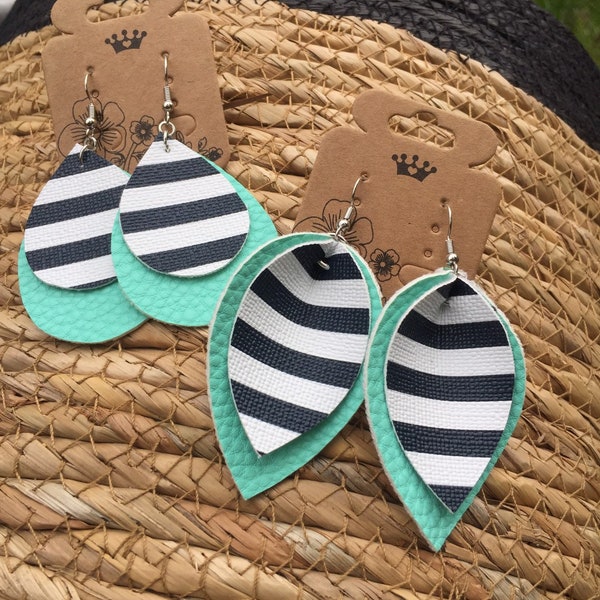 SALE**Navy Stripe w/Teal Leather Earrings**