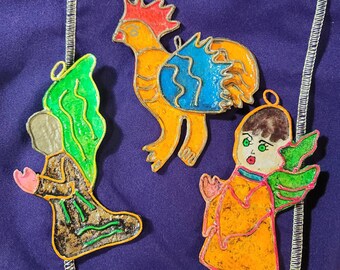 60's Mexican Ornaments Set Of 3 Christmas Carmona Ornaments Folk Angels And Orange Rooster Ornaments Free Shipping