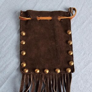 50&#39;s Leather Pouch Dark Brown Suede Bag w/Brass Studs Tobacco Pouch / Trinket Pouch / Tool / Knife Pouch Free Shipping