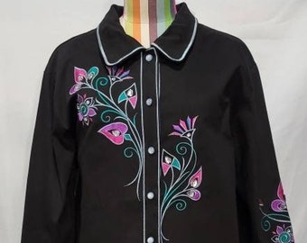 New BOB MACKIE Blouse Wearable Art Long Sleeve Balck Blouse w/Embroidery And Sequins Free Shipping