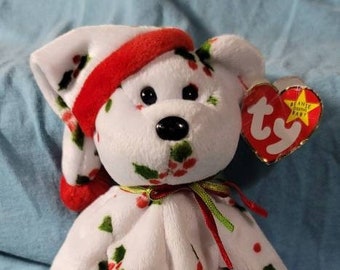 90's Ty Christmas Beanie Bear Ty Beanie Baby Bear w/Jingle Hat Comes With Hang Tag And Tush Tag Free Shipping