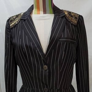 Silk Peplum Jacket: Anthropologie Black Pin Stripe Rocker, Size 2 imagem 1