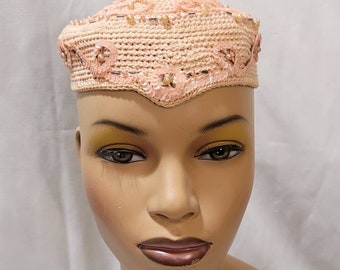 50's Women Hat Pink Crochet Fascinator Sequin Pillbox Hat Free Shipping