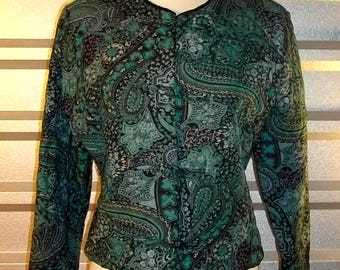 Vintage Cropped Rayon Jacket: Green Paisley Print, Women's Medium