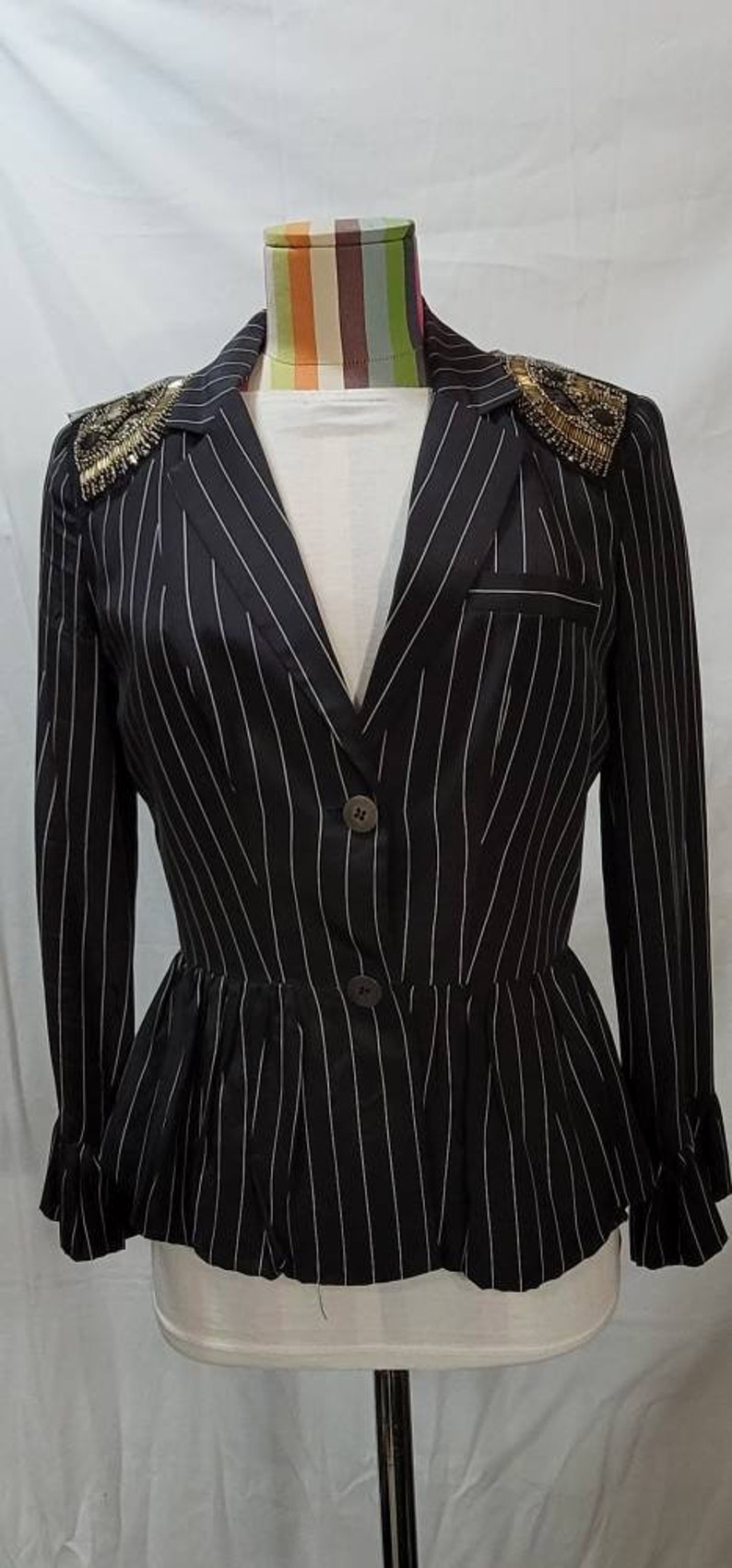 Silk Peplum Jacket: Anthropologie Black Pin Stripe Rocker, Size 2 imagem 1