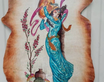 Exotic Painting Of Woman In Leather Woman in Turquoise On Leather Hide Painting Of A Maiden In Turquoise Free Shipping
