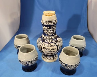 60's GERZ West Germany Wine Set 5pcs Pitcher and 4 Drinking Cups Cobalt Blue & White Set Of 4 Goblets And Pitcher Free Shipping