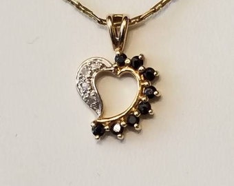 80's Diamonds And Sapphires Heart Pendant And 14kt Yellow Gold Chain Necklace Free Shipping