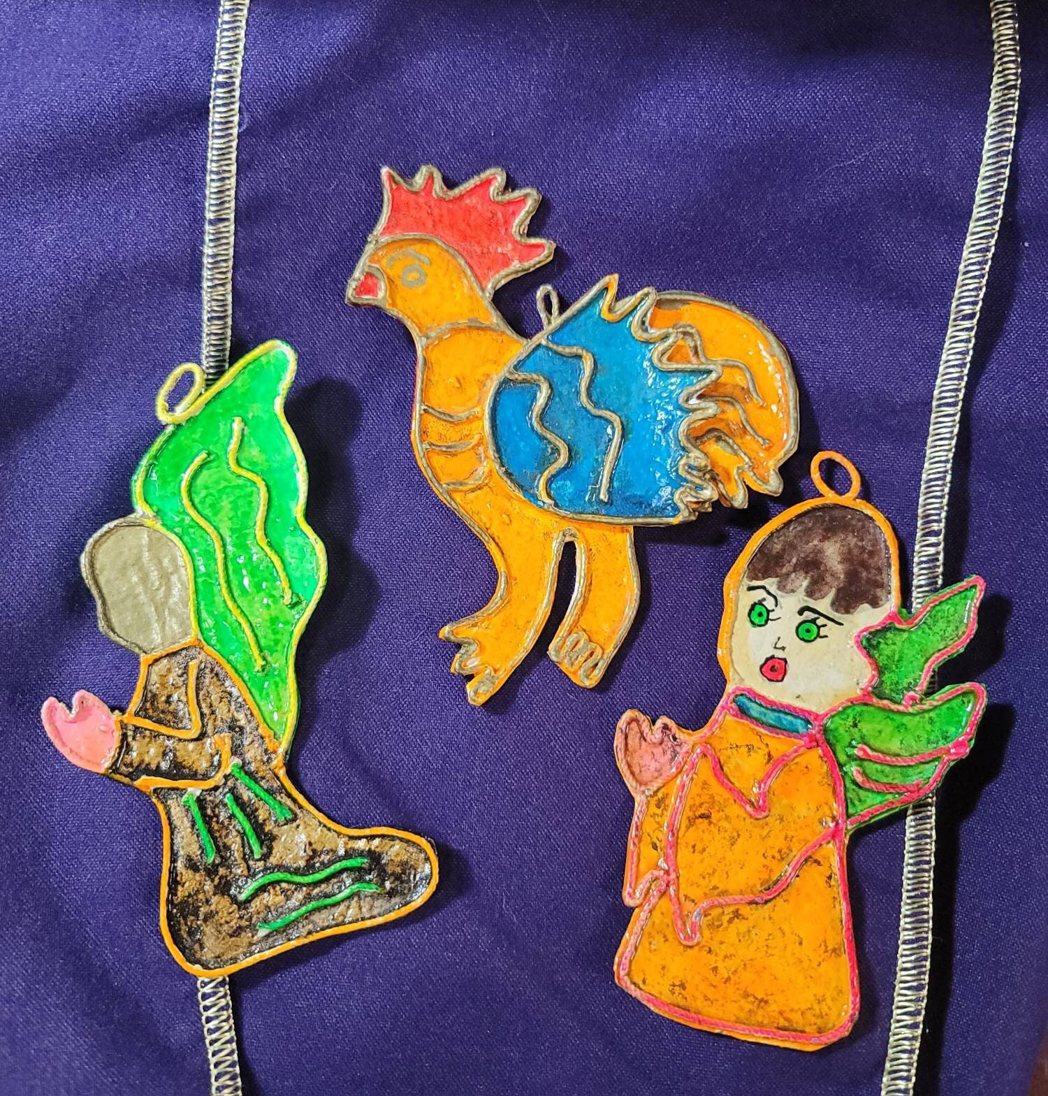 60's Mexican Ornaments Set Of 3 Christmas Carmona Ornaments Folk Angels And Orange Rooster Ornaments Free Shipping