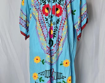 Blue Mexican Dress Colorful Embroidery Flowers Vacation Sun Dress FREE Shipping