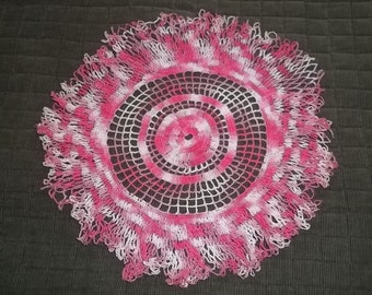 60's Doily Pink Crochet Multi -Shades Round With Intricate Pattern "Teaching Doiley" Free Shipping