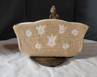 50's Clutch Beaded Hand Purse Champagne White Purse w/Small Seed Pearls For ANY Formal Occasion Wedding Purse Free Shipping