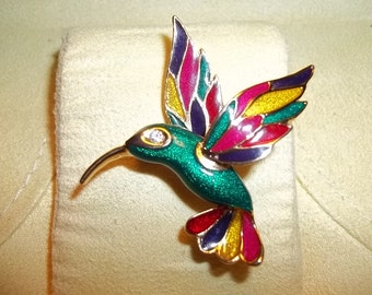 Hummingbird Brooch Bird Pin Solid Brass, Enamel And Crystal Brooch Bird Scarf Pin Vintage Jewelry Vintage Brooch Free Shipping