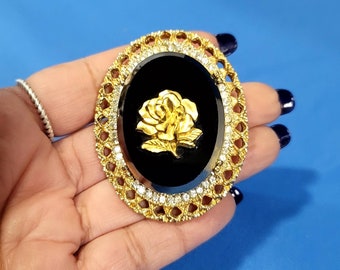 60's Victorian Brooch Cameo Style Gold Rose Pin Large Oval Brooch Black Glass Gold Rose Pin Free Shipping