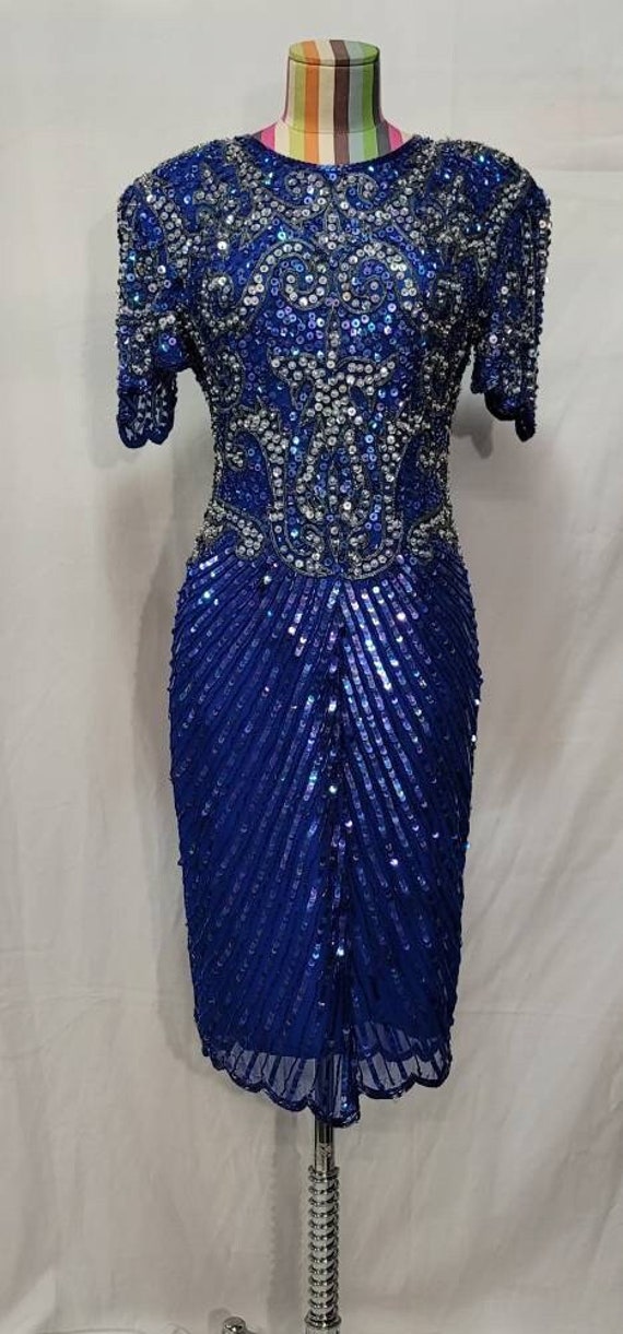 80's Blue Sequin Dress Cocktail Beaded Silk Dress 