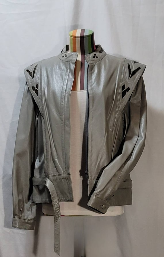 80's Jacket ZERIMAR Gray Leather w/Snakeskin Wome… - image 2