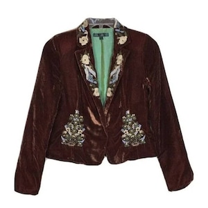 Women Jacket by True Meaning Brown Velvet Rockabilly Jacket w/Heavy Embroidery Size 12 Free Shipping