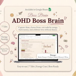 May include: A digital planner template titled ADHD Boss Brain for Google Sheets. The interface displays a dashboard with energy sorting, task tracking, and money management features. Decorative icons include a brain, lightbulb, and paper plane.