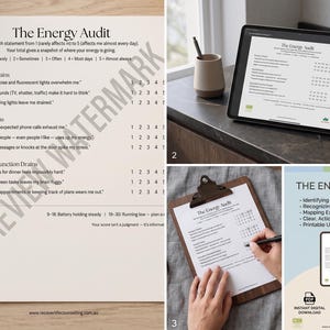 Peut inclure: Un formulaire d'évaluation Energy Audit imprimable comprenant des sections sur les drains sensoriels, sociaux et exécutifs avec une échelle de notation de 1 à 5. Le document inclut un guide de score et le logo RCC, disponible en téléchargement.